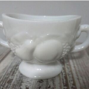 Vintage Milk Glass Sugar Bowl with Raised Fruit Design / Two-sided handles.